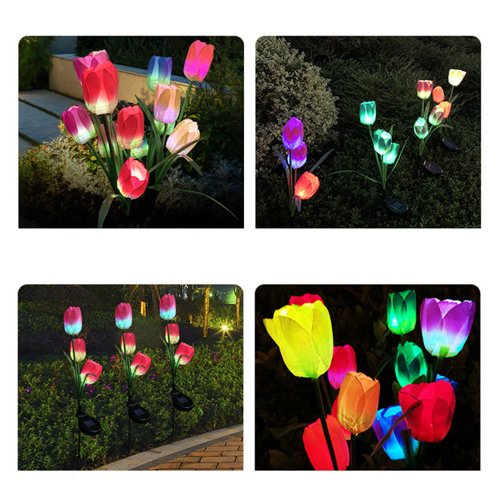 Contemporary Creative Solar Waterproof Faux Tulip Stainless Steel ABS Fabric LED Ground Plug Lawn Landscape Lamp For Outdoor Patio | Stornfield