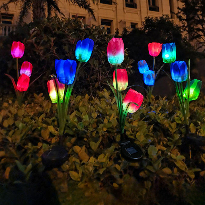 Contemporary Creative Solar Waterproof Faux Tulip Stainless Steel ABS Fabric LED Ground Plug Lawn Landscape Lamp For Outdoor Patio | Stornfield