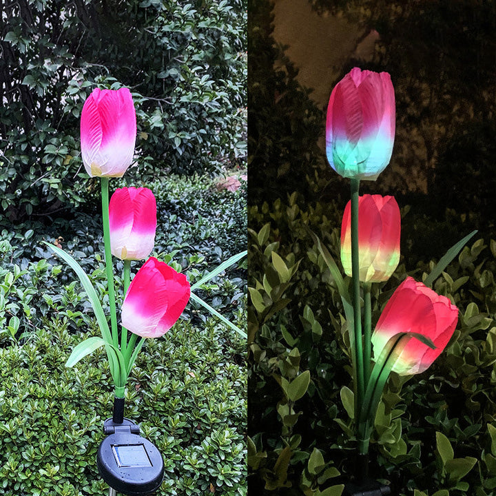 Contemporary Creative Solar Waterproof Faux Tulip Stainless Steel ABS Fabric LED Ground Plug Lawn Landscape Lamp For Outdoor Patio | Stornfield