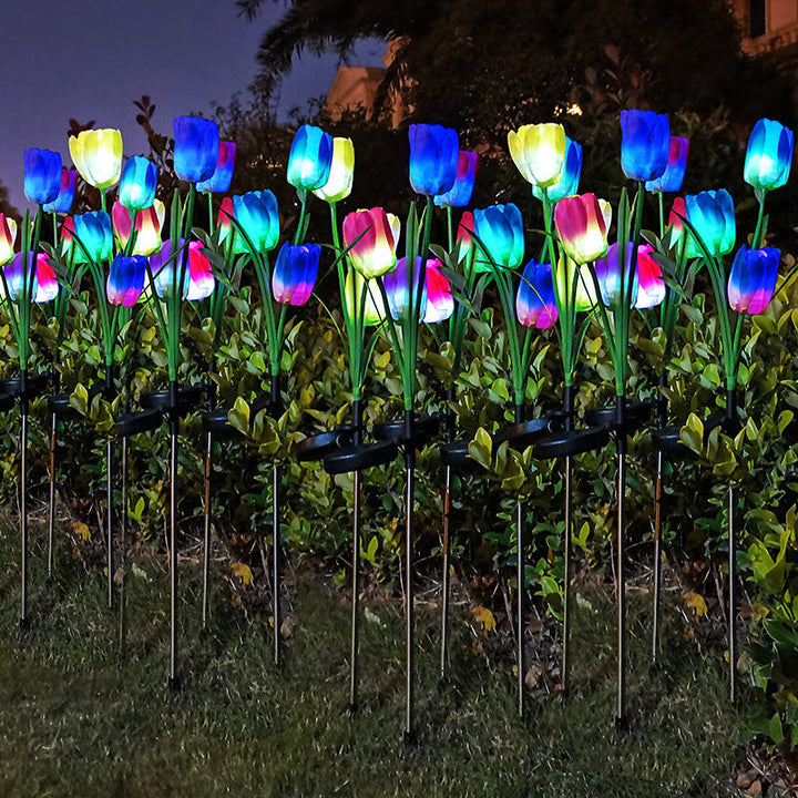 Contemporary Creative Solar Waterproof Faux Tulip Stainless Steel ABS Fabric LED Ground Plug Lawn Landscape Lamp For Outdoor Patio | Stornfield