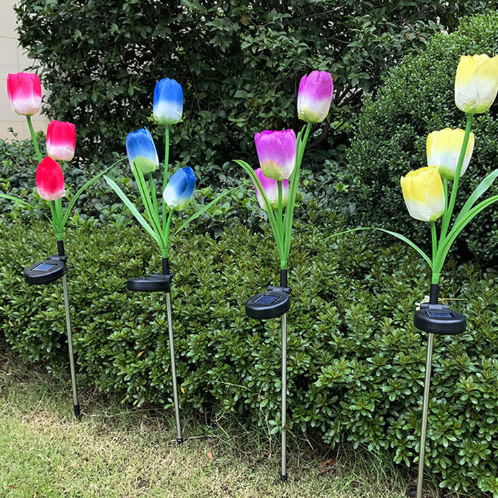 Contemporary Creative Solar Waterproof Faux Tulip Stainless Steel ABS Fabric LED Ground Plug Lawn Landscape Lamp For Outdoor Patio | Stornfield