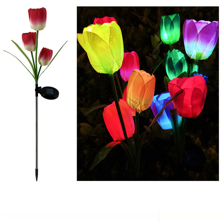 Contemporary Creative Solar Waterproof Faux Tulip Stainless Steel ABS Fabric LED Ground Plug Lawn Landscape Lamp For Outdoor Patio | Stornfield