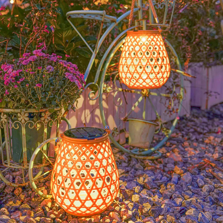 Traditional Chinese Solar Waterproof Oval Round Hollow Mesh ABS LED Outdoor Landscape Light For Garden | Stornfield