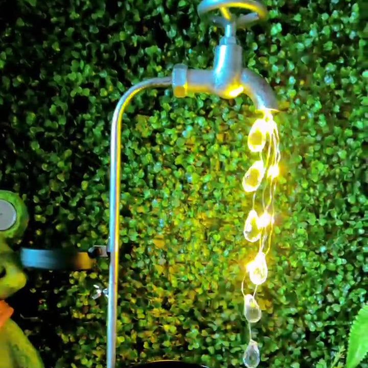 Modern Art Deco Solar Faucet Water Drops Flowing Water Planter Shape Iron LED Outdoor Light For Garden | Stornfield