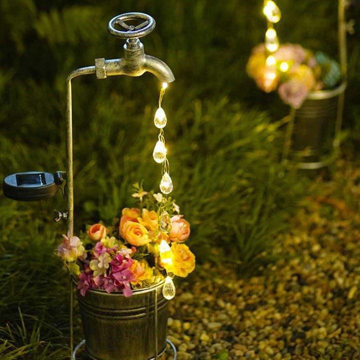 Modern Art Deco Solar Faucet Water Drops Flowing Water Planter Shape Iron LED Outdoor Light For Garden | Stornfield