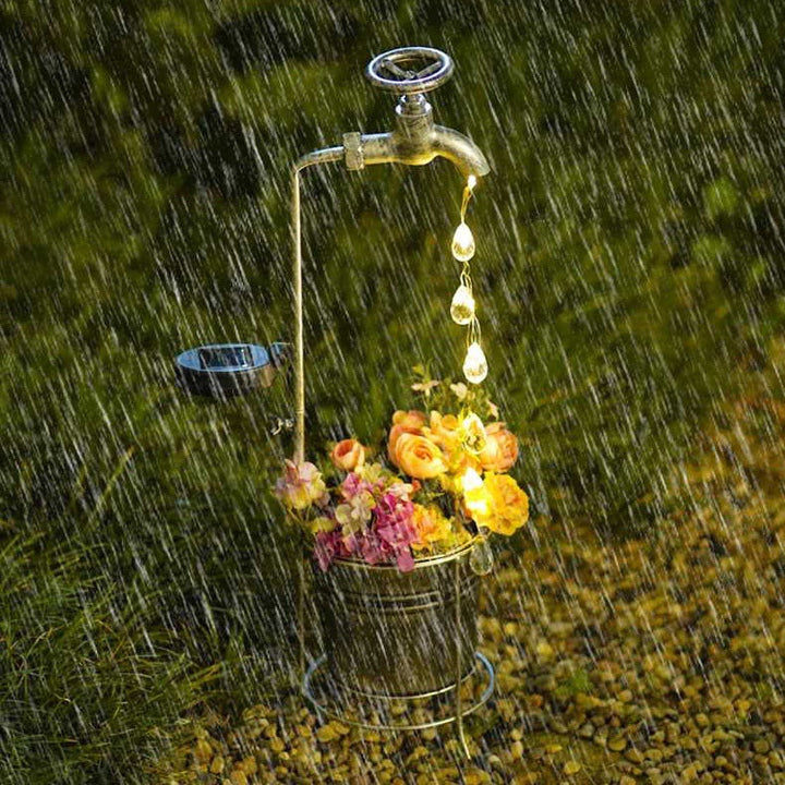 Modern Art Deco Solar Faucet Water Drops Flowing Water Planter Shape Iron LED Outdoor Light For Garden | Stornfield