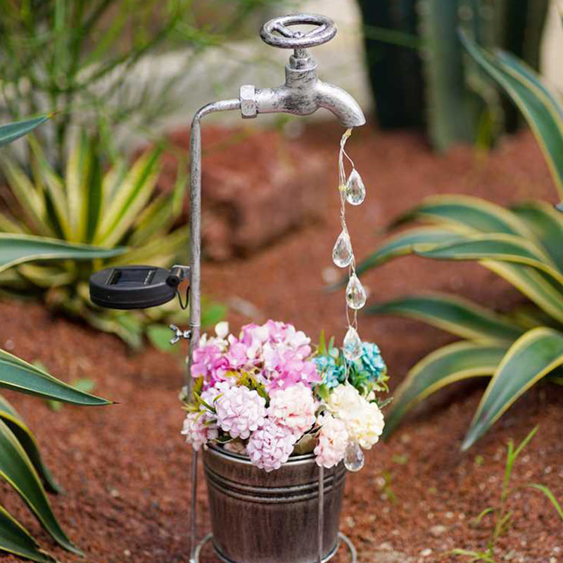 Modern Art Deco Solar Faucet Water Drops Flowing Water Planter Shape Iron LED Outdoor Light For Garden | Stornfield