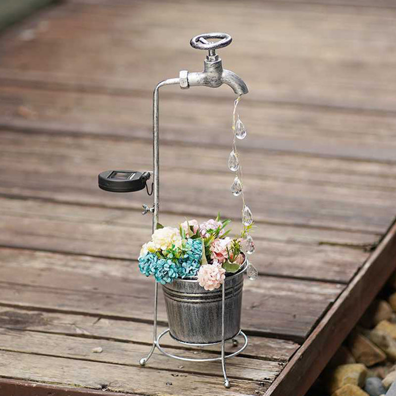Modern Art Deco Solar Faucet Water Drops Flowing Water Planter Shape Iron LED Outdoor Light For Garden | Stornfield