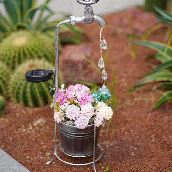 Modern Art Deco Solar Faucet Water Drops Flowing Water Planter Shape Iron LED Outdoor Light For Garden | Stornfield