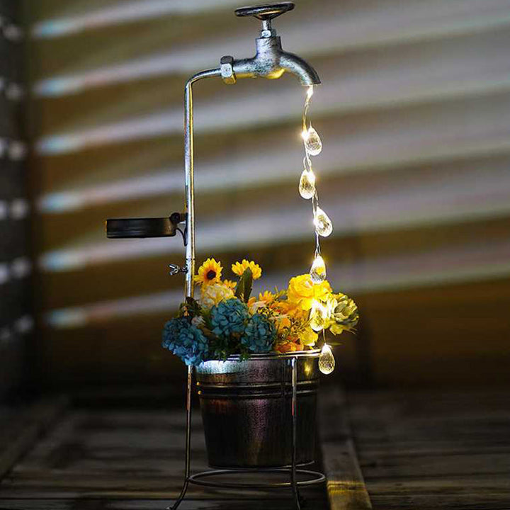 Modern Art Deco Solar Faucet Water Drops Flowing Water Planter Shape Iron LED Outdoor Light For Garden | Stornfield