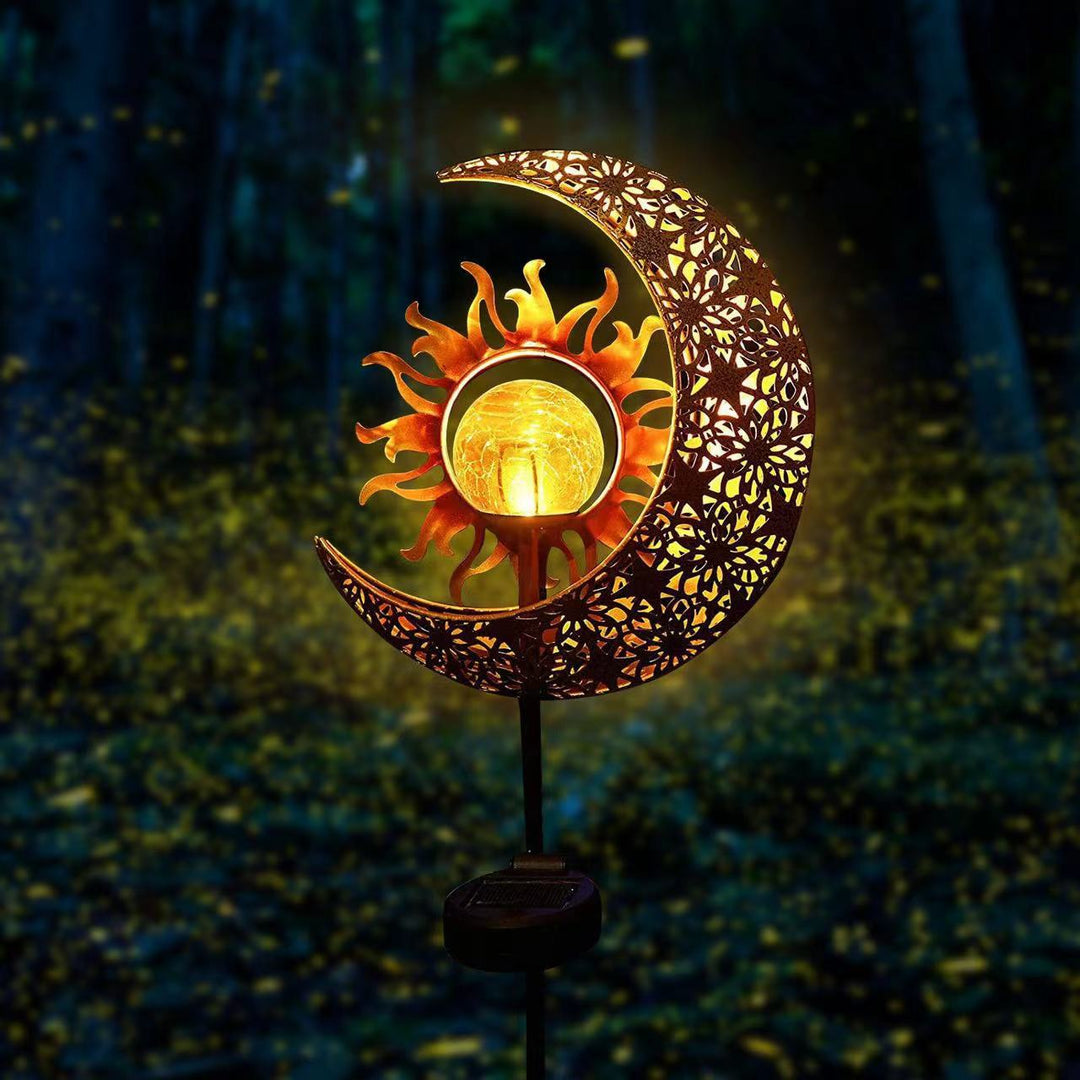 Modern Art Deco Solar Waterproof Ground Plug Star Sun Moon Iron Glass LED Outdoor Light For Garden | Stornfield