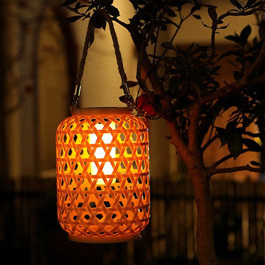 Modern Art Deco Solar Waterproof Imitation Rattan Woven Lantern Cylindrical Plastic LED Outdoor Light For Garden | Stornfield