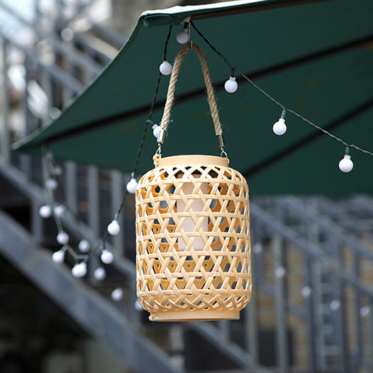 Modern Art Deco Solar Waterproof Imitation Rattan Woven Lantern Cylindrical Plastic LED Outdoor Light For Garden | Stornfield