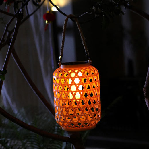 Modern Art Deco Solar Waterproof Imitation Rattan Woven Lantern Cylindrical Plastic LED Outdoor Light For Garden | Stornfield