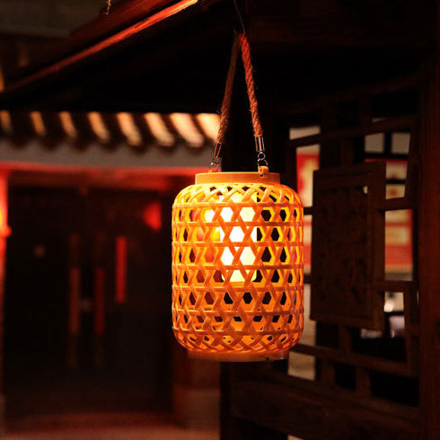 Modern Art Deco Solar Waterproof Imitation Rattan Woven Lantern Cylindrical Plastic LED Outdoor Light For Garden | Stornfield