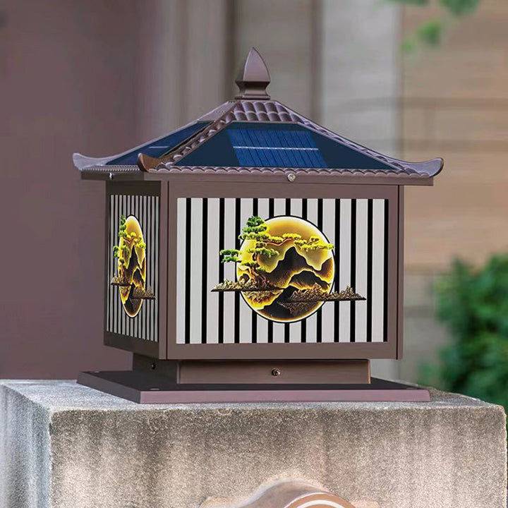 Traditional Chinese Solar Waterproof Aluminum PC Glass Pine Tree Square Cylinder LED Landscape Lighting Outdoor Light For Outdoor Patio | Stornfield