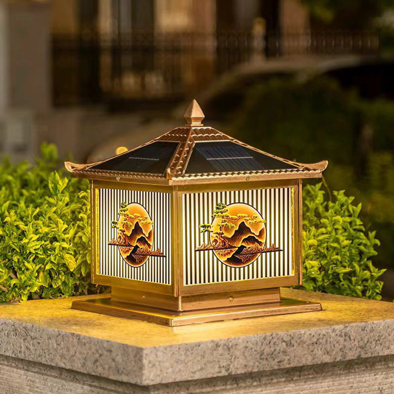 Traditional Chinese Solar Waterproof Aluminum PC Glass Pine Tree Square Cylinder LED Landscape Lighting Outdoor Light For Outdoor Patio | Stornfield