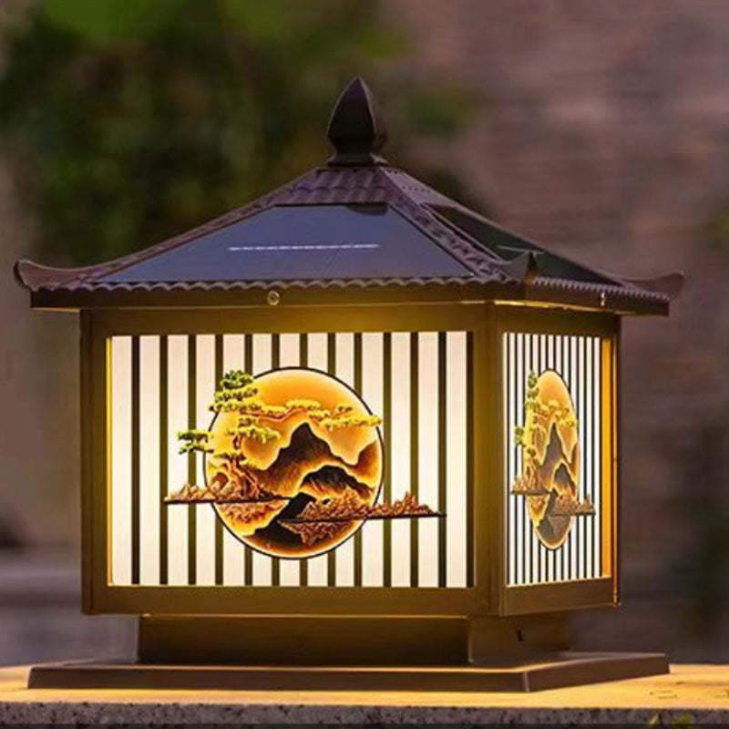 Traditional Chinese Solar Waterproof Aluminum PC Glass Pine Tree Square Cylinder LED Landscape Lighting Outdoor Light For Outdoor Patio | Stornfield