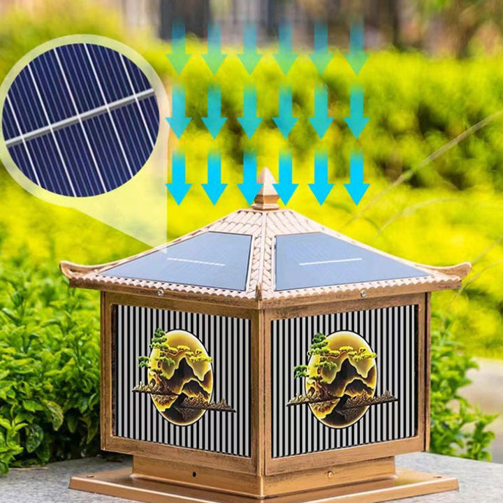 Traditional Chinese Solar Waterproof Aluminum PC Glass Pine Tree Square Cylinder LED Landscape Lighting Outdoor Light For Outdoor Patio | Stornfield