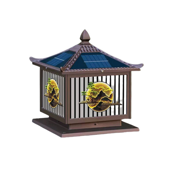 Traditional Chinese Solar Waterproof Aluminum PC Glass Pine Tree Square Cylinder LED Landscape Lighting Outdoor Light For Outdoor Patio | Stornfield
