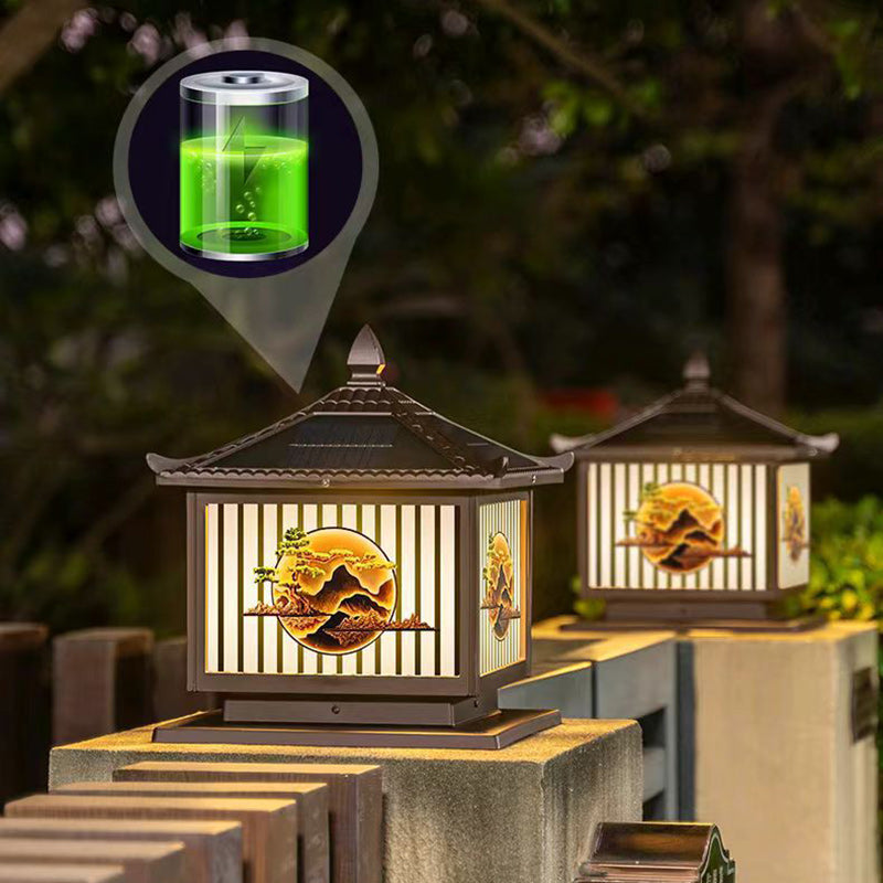 Traditional Chinese Solar Waterproof Aluminum PC Glass Pine Tree Square Cylinder LED Landscape Lighting Outdoor Light For Outdoor Patio | Stornfield