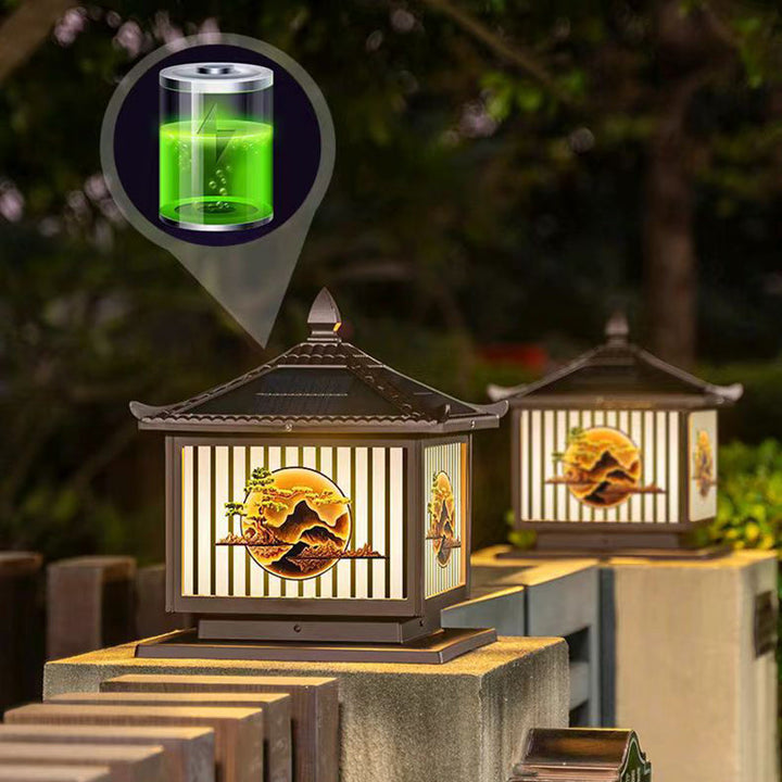 Traditional Chinese Solar Waterproof Aluminum PC Glass Pine Tree Square Cylinder LED Landscape Lighting Outdoor Light For Outdoor Patio | Stornfield