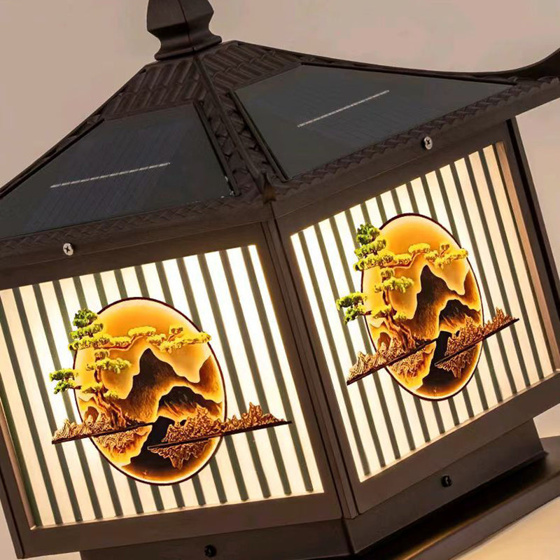 Traditional Chinese Solar Waterproof Aluminum PC Glass Pine Tree Square Cylinder LED Landscape Lighting Outdoor Light For Outdoor Patio | Stornfield