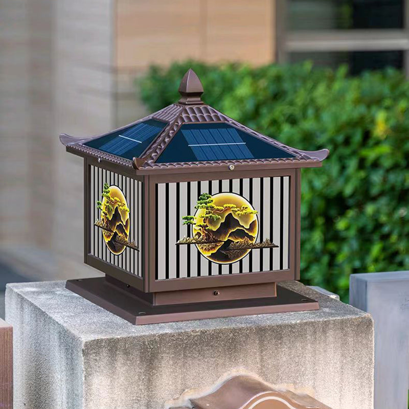 Traditional Chinese Solar Waterproof Aluminum PC Glass Pine Tree Square Cylinder LED Landscape Lighting Outdoor Light For Outdoor Patio | Stornfield