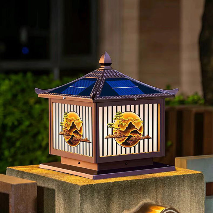 Traditional Chinese Solar Waterproof Aluminum PC Glass Pine Tree Square Cylinder LED Landscape Lighting Outdoor Light For Outdoor Patio | Stornfield