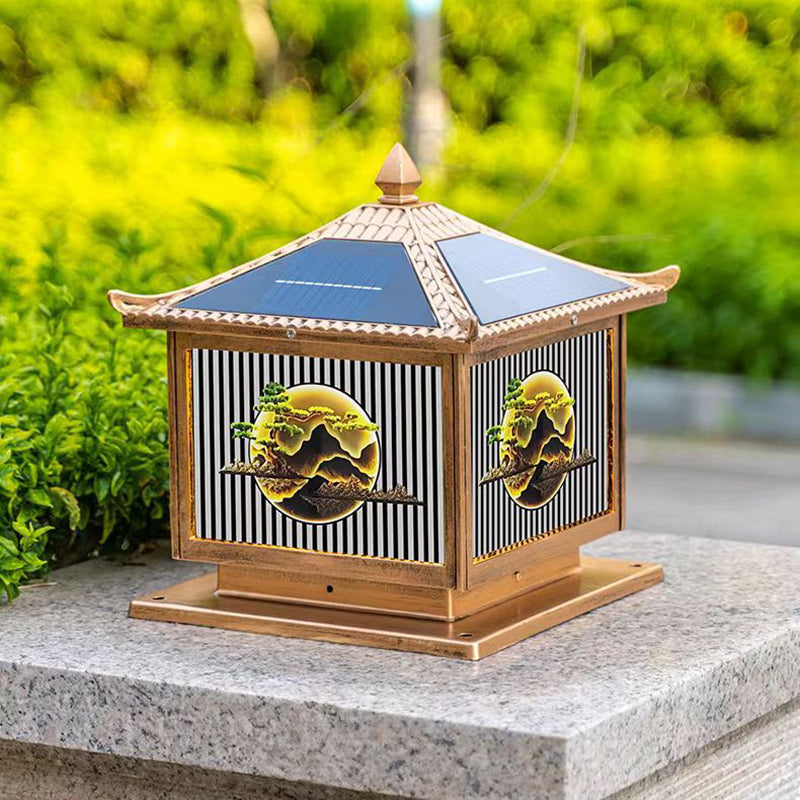 Traditional Chinese Solar Waterproof Aluminum PC Glass Pine Tree Square Cylinder LED Landscape Lighting Outdoor Light For Outdoor Patio | Stornfield