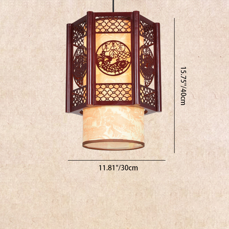 Stornfield | Lampe suspendue à 1 lumière en bois-PVC cylindrique traditionnel chinois avec poisson sculpté pour la salle à manger