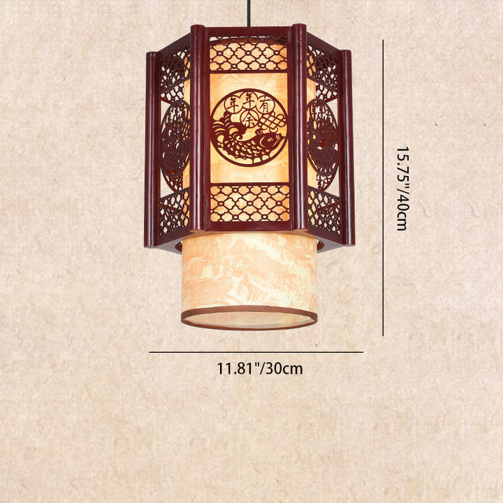 Stornfield | Lampe suspendue à 1 lumière en bois-PVC cylindrique traditionnel chinois avec poisson sculpté pour la salle à manger