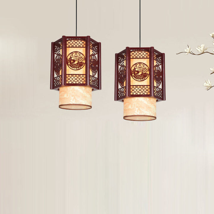 Stornfield | Lampe suspendue à 1 lumière en bois-PVC cylindrique traditionnel chinois avec poisson sculpté pour la salle à manger