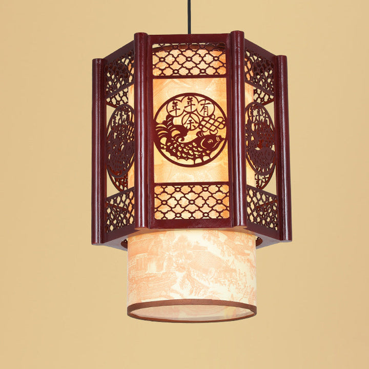 Stornfield | Lampe suspendue à 1 lumière en bois-PVC cylindrique traditionnel chinois avec poisson sculpté pour la salle à manger