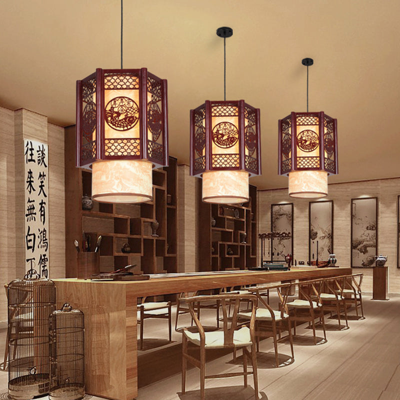 Stornfield | Lampe suspendue à 1 lumière en bois-PVC cylindrique traditionnel chinois avec poisson sculpté pour la salle à manger
