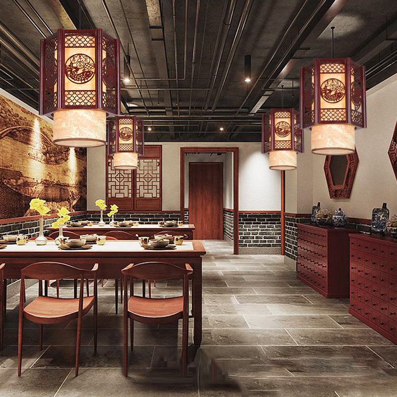 Stornfield | Lampe suspendue à 1 lumière en bois-PVC cylindrique traditionnel chinois avec poisson sculpté pour la salle à manger