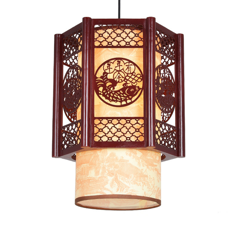 Stornfield | Lampe suspendue à 1 lumière en bois-PVC cylindrique traditionnel chinois avec poisson sculpté pour la salle à manger