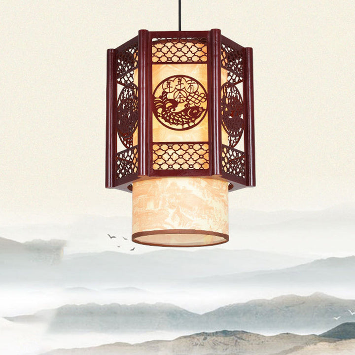 Stornfield | Lampe suspendue à 1 lumière en bois-PVC cylindrique traditionnel chinois avec poisson sculpté pour la salle à manger