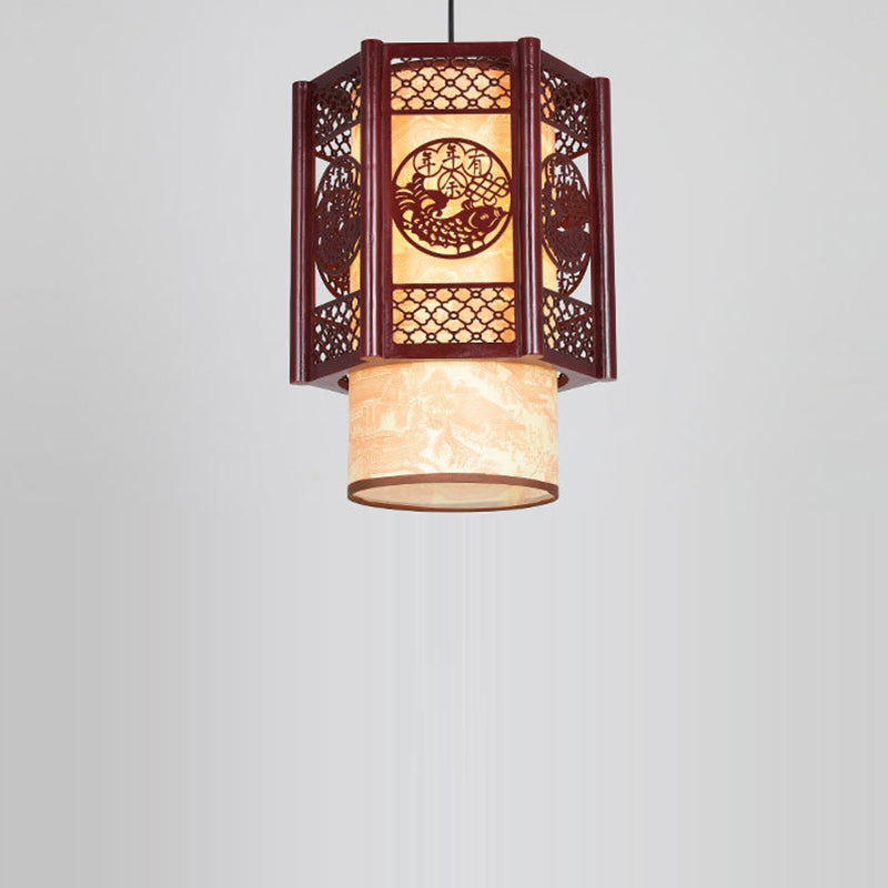 Stornfield | Lampe suspendue à 1 lumière en bois-PVC cylindrique traditionnel chinois avec poisson sculpté pour la salle à manger