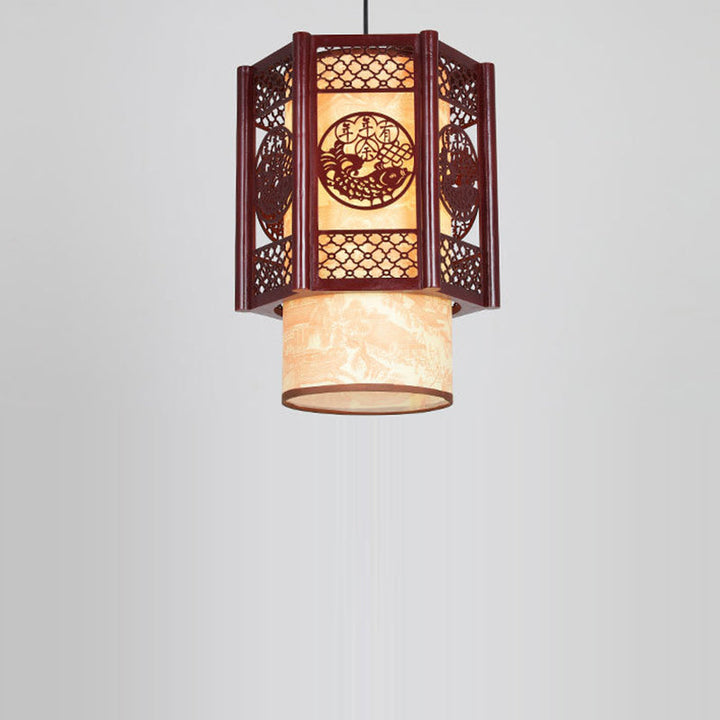 Stornfield | Lampe suspendue à 1 lumière en bois-PVC cylindrique traditionnel chinois avec poisson sculpté pour la salle à manger