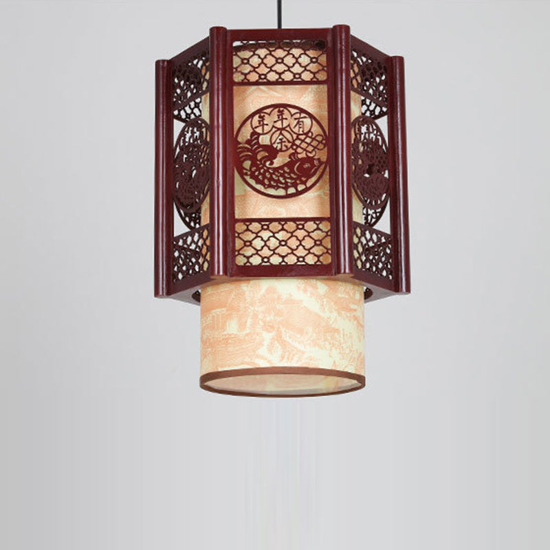 Stornfield | Lampe suspendue à 1 lumière en bois-PVC cylindrique traditionnel chinois avec poisson sculpté pour la salle à manger