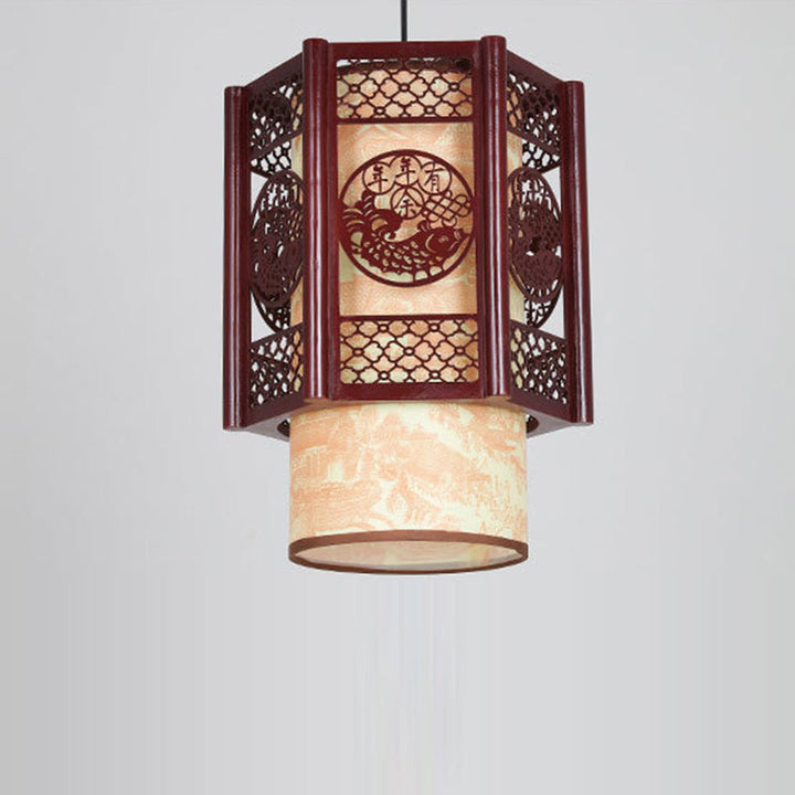 Stornfield | Lampe suspendue à 1 lumière en bois-PVC cylindrique traditionnel chinois avec poisson sculpté pour la salle à manger