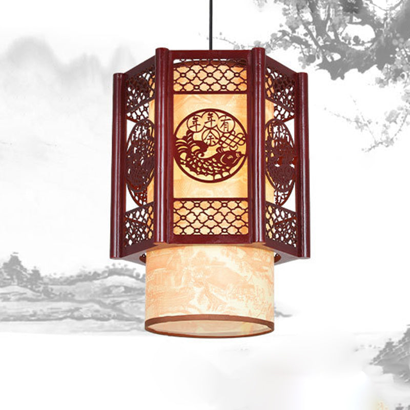 Stornfield | Lampe suspendue à 1 lumière en bois-PVC cylindrique traditionnel chinois avec poisson sculpté pour la salle à manger