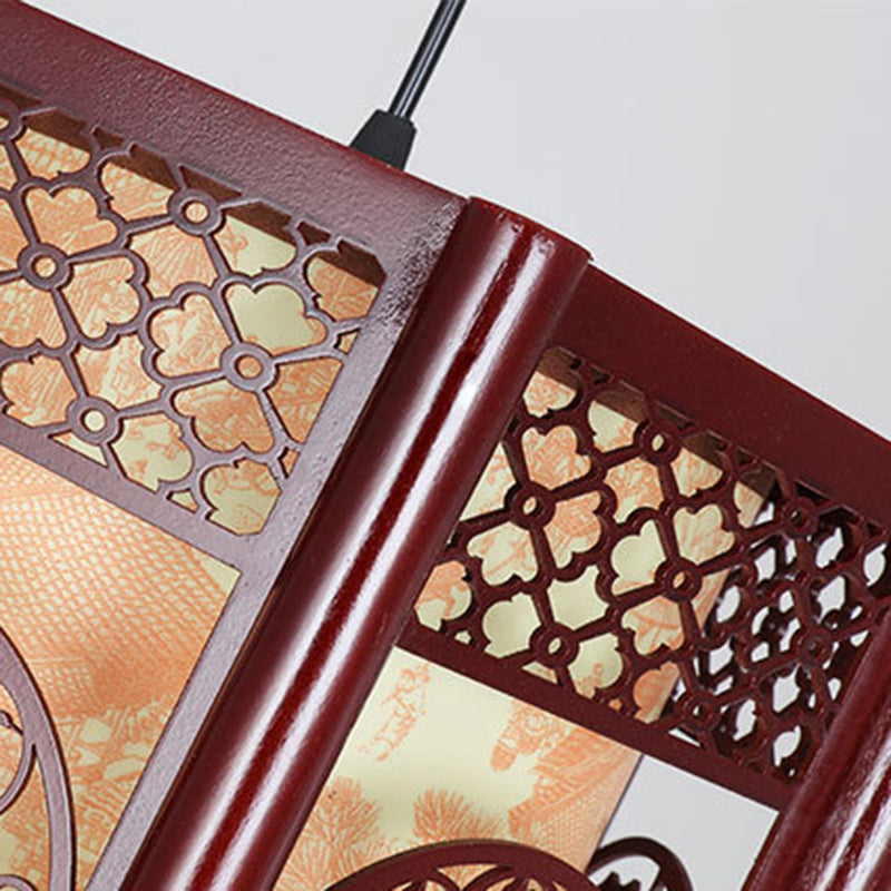 Stornfield | Lampe suspendue à 1 lumière en bois-PVC cylindrique traditionnel chinois avec poisson sculpté pour la salle à manger