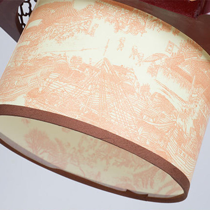 Stornfield | Lampe suspendue à 1 lumière en bois-PVC cylindrique traditionnel chinois avec poisson sculpté pour la salle à manger