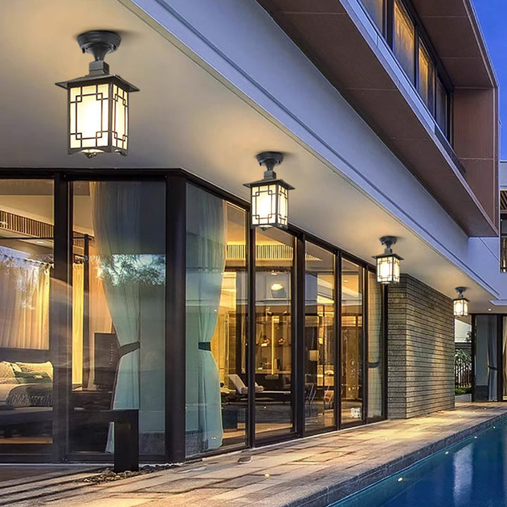 Traditional Chinese Waterproof Iron Aluminum Glass Cylinder Pergola 1-Light Semi-Flush Mount Ceiling Light Outdoor Light For Outdoor Patio | Stornfield