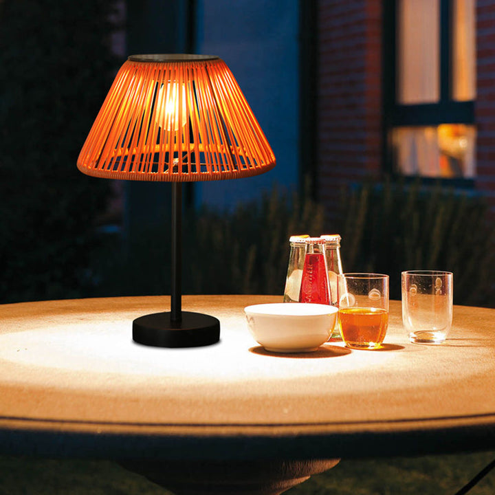 Traditional Farmhouse Waterproof Solar Rechargeable Weaving Gum Rattan Iron Conic LED Outdoor Table Lamp For Garden | Stornfield