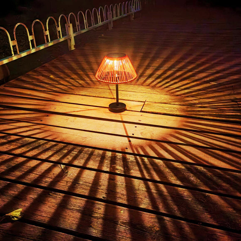 Traditional Farmhouse Waterproof Solar Rechargeable Weaving Gum Rattan Iron Conic LED Outdoor Table Lamp For Garden | Stornfield