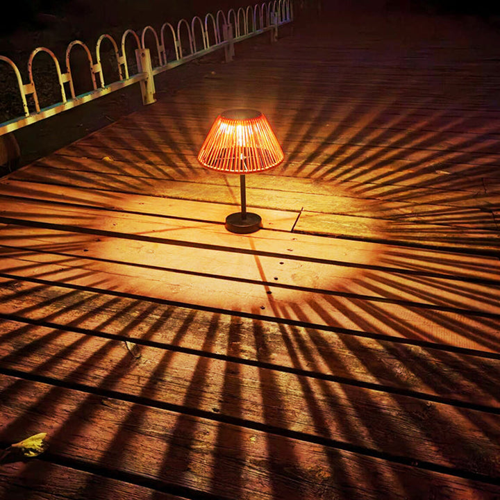 Traditional Farmhouse Waterproof Solar Rechargeable Weaving Gum Rattan Iron Conic LED Outdoor Table Lamp For Garden | Stornfield