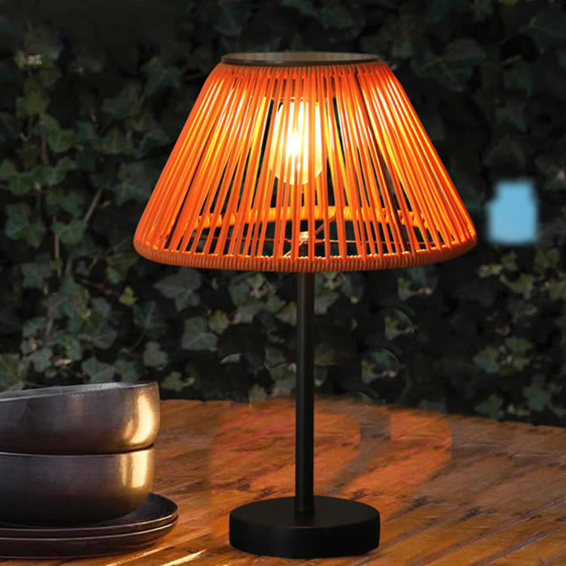 Traditional Farmhouse Waterproof Solar Rechargeable Weaving Gum Rattan Iron Conic LED Outdoor Table Lamp For Garden | Stornfield